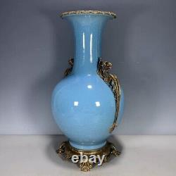 Vase antique chinois de 50 cm, bleu craquelé du 18ème siècle en porcelaine et laiton cloisonné - Marqué