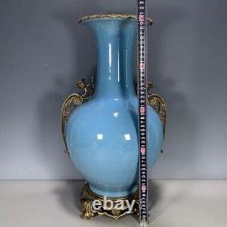 Vase antique chinois de 50 cm, bleu craquelé du 18ème siècle en porcelaine et laiton cloisonné - Marqué