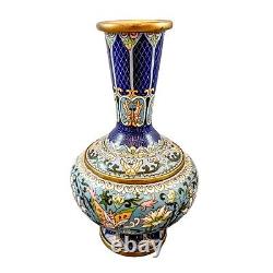 Vase antique chinois en émail cloisonné bleu de la République avec papillon en bronze et motifs floraux