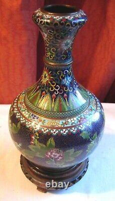 Vase bouteille en cloisonné chinois antique de 24 cm de hauteur avec support