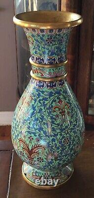 Vase chinois ancien en cloisonné à thème floral à 10 couleurs avec col double anneau