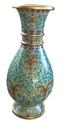 Vase chinois ancien en cloisonné à thème floral à 10 couleurs avec col double anneau
