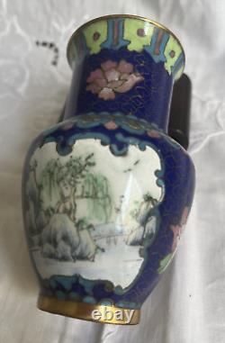 Vase en cloisonné chinois antique avec des fleurs, des oiseaux et des paysages émaillés peints à la main