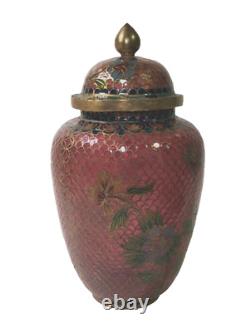 Vase en émail cloisonné chinois ancien Plique à Jour en émail rouge rose et laiton
