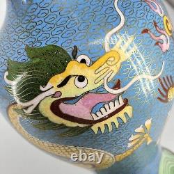 Vase en laiton émaillé cloisonné chinois vintage avec incrustation de pierre et double dragons à 5 orteils
