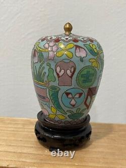 Vase miniature / pot chinois ancien en cloisonné avec décoration porte-bonheur vintage
