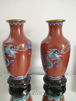 Vases Cloisonné Antique Spectaculaires avec Dragon Chassant la Perle Sacrée de la Sagesse